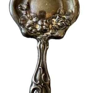 Antique Ornate Bevel SILVERPLATE Child Doll Size HAND MIRROR 4” Nouveau